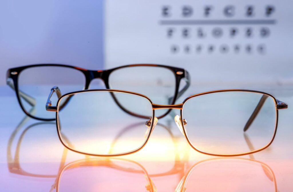 Eyeglasses with prescription lenses on a backlit glass table against a visual test with letters in a blur background.