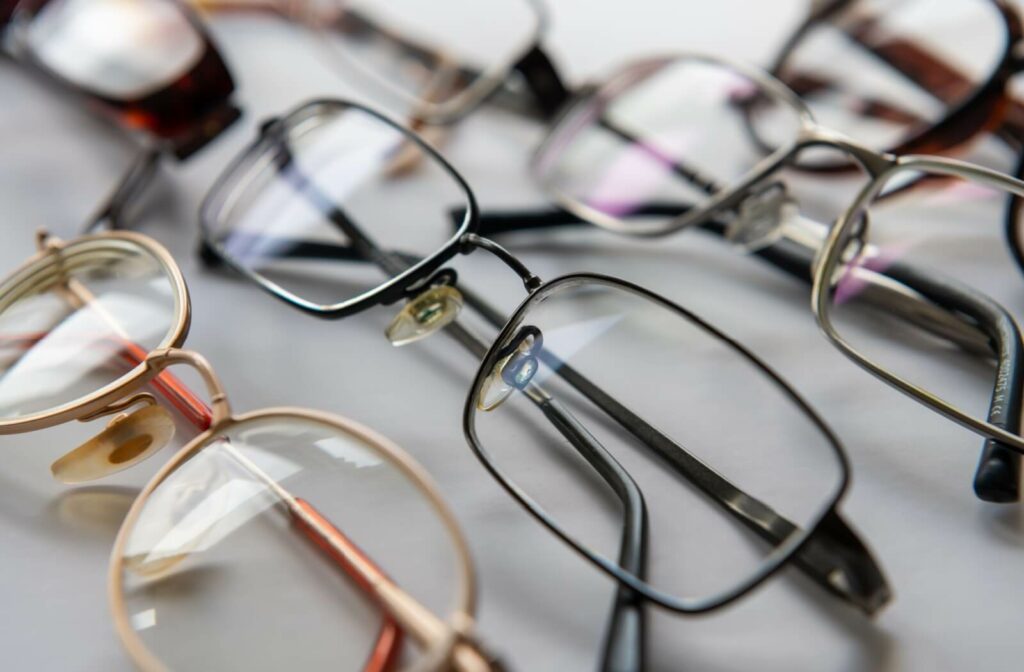 A display of prescription eyeglasses in different designs and styles.