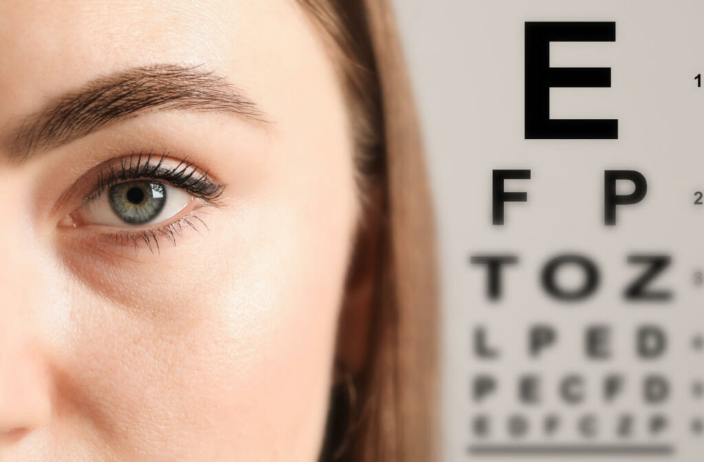 Close-up of a person’s eye with a blurred Snellen eye chart in the background.