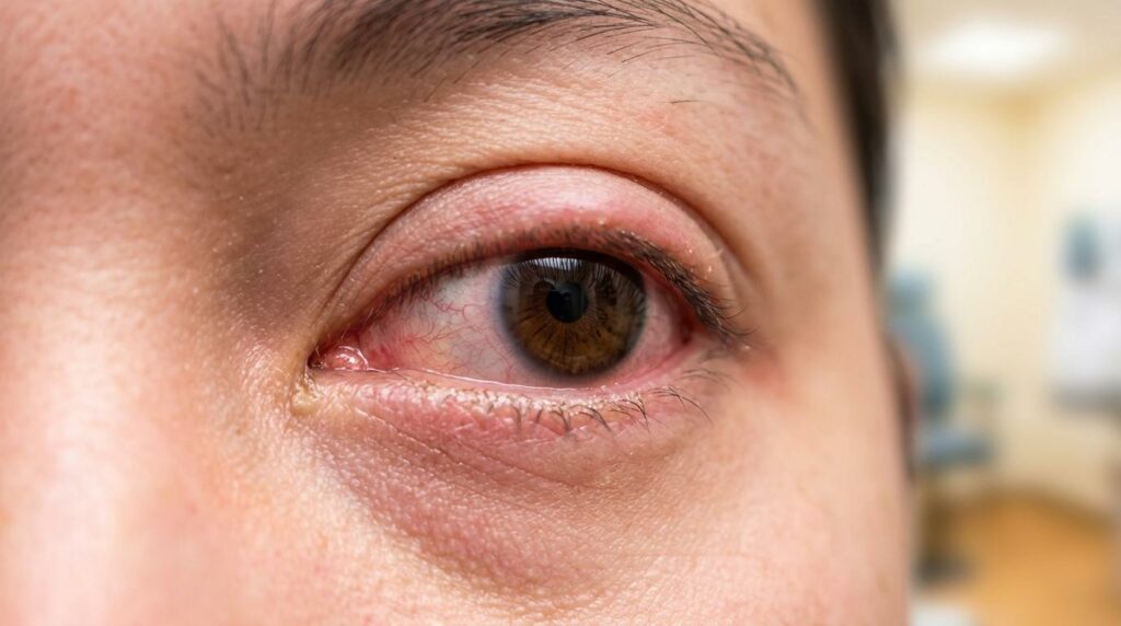 A close-up of the red, irritated eye of an adult patient.