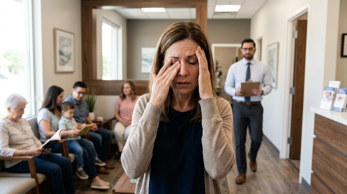 Adult rubbing their eye in discomfort, experiencing severe eye pain and sudden blurry vision.