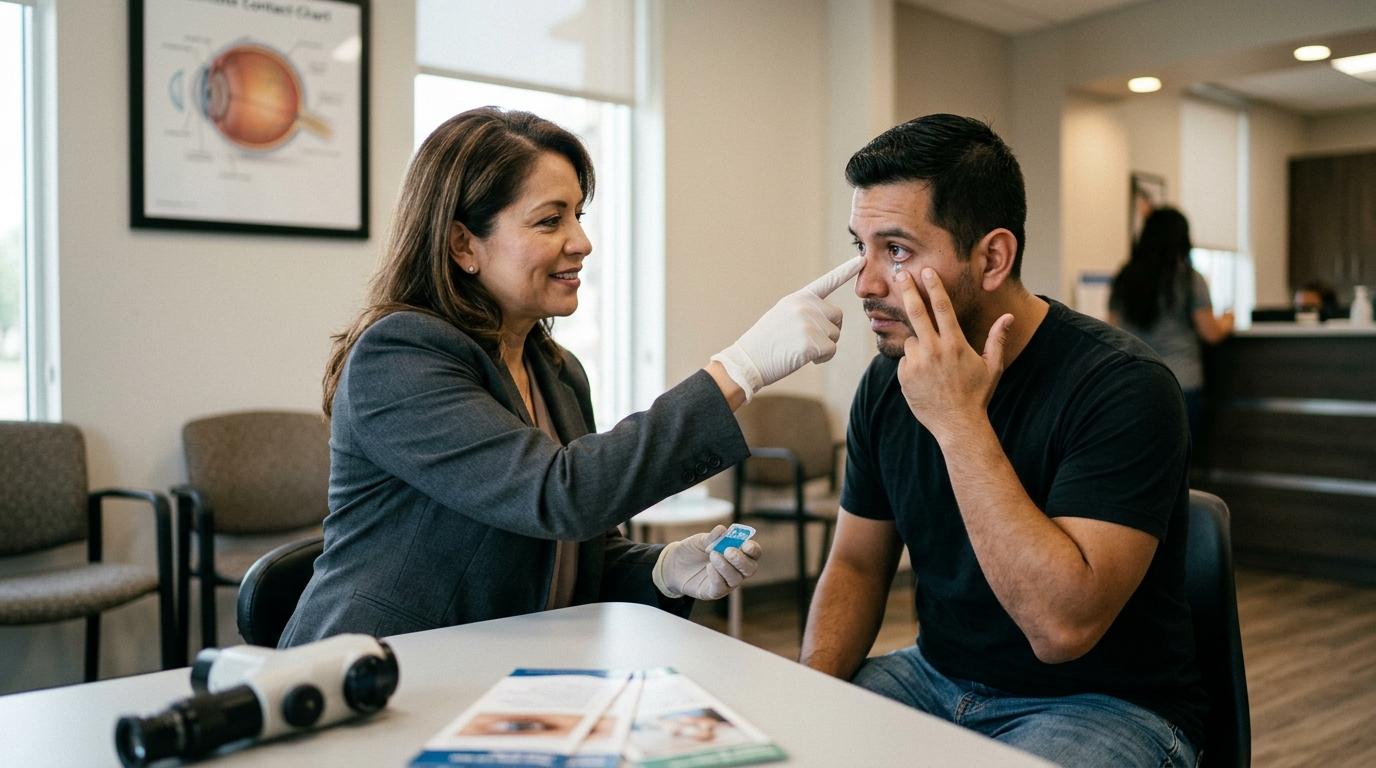 An adult man doing a contact lens fitting with an eye care professional.