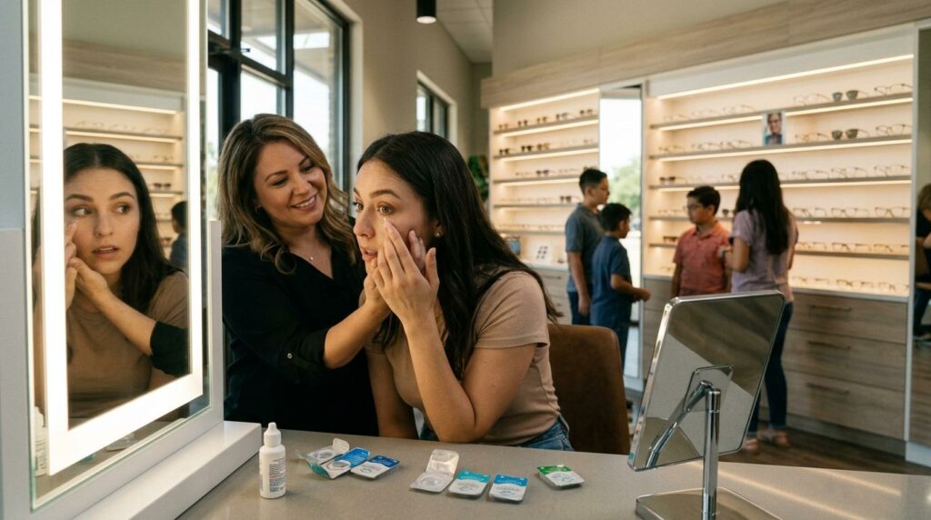 A woman is experiencing a contact lens fitting exam with a friendly eye care professional helping her put in contact lenses for the first time.
