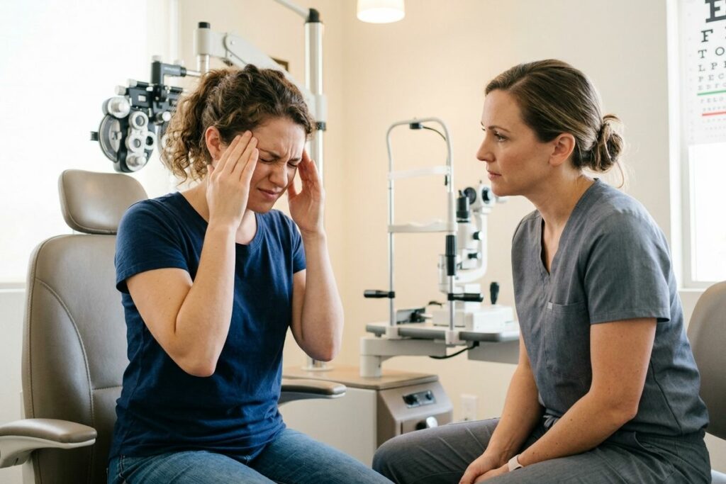 A person is struggling with the headache in front of the eye doctor.