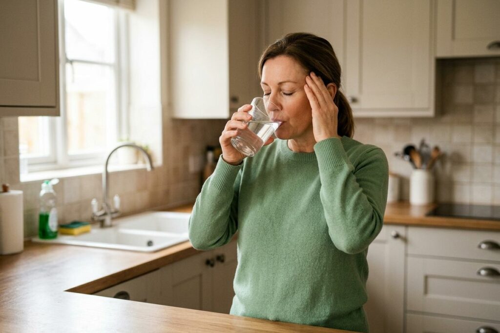 a person is drinking water in the kitchen to relieve headache 